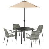 4-Person Rattan Dining Set with Tempered Glass & Tilting Parasol, Light Grey