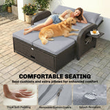 Rattan Patio Daybed with Storage Ottoman and Adjustable Backrest, Gray