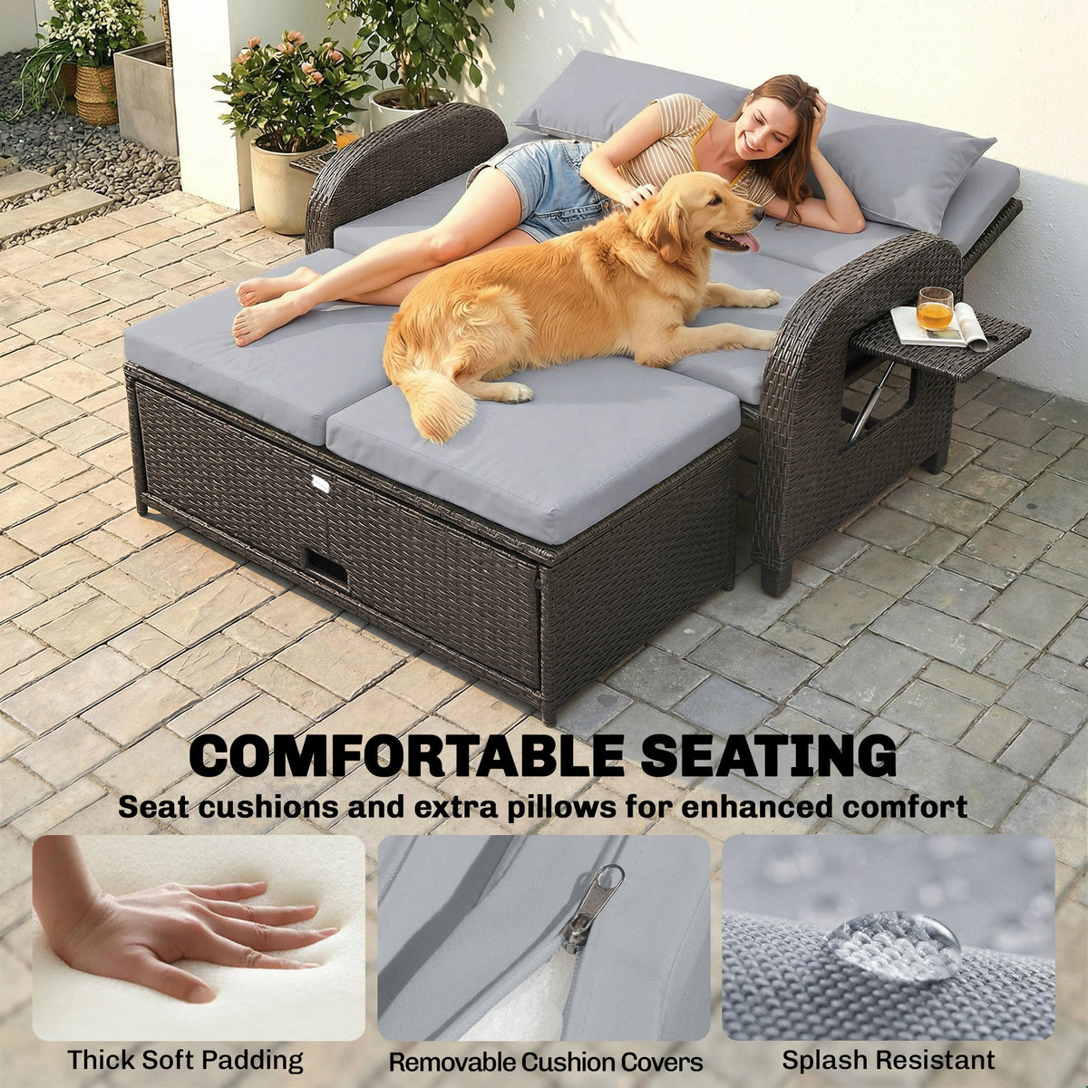 Rattan Patio Daybed with Storage Ottoman and Adjustable Backrest, Gray