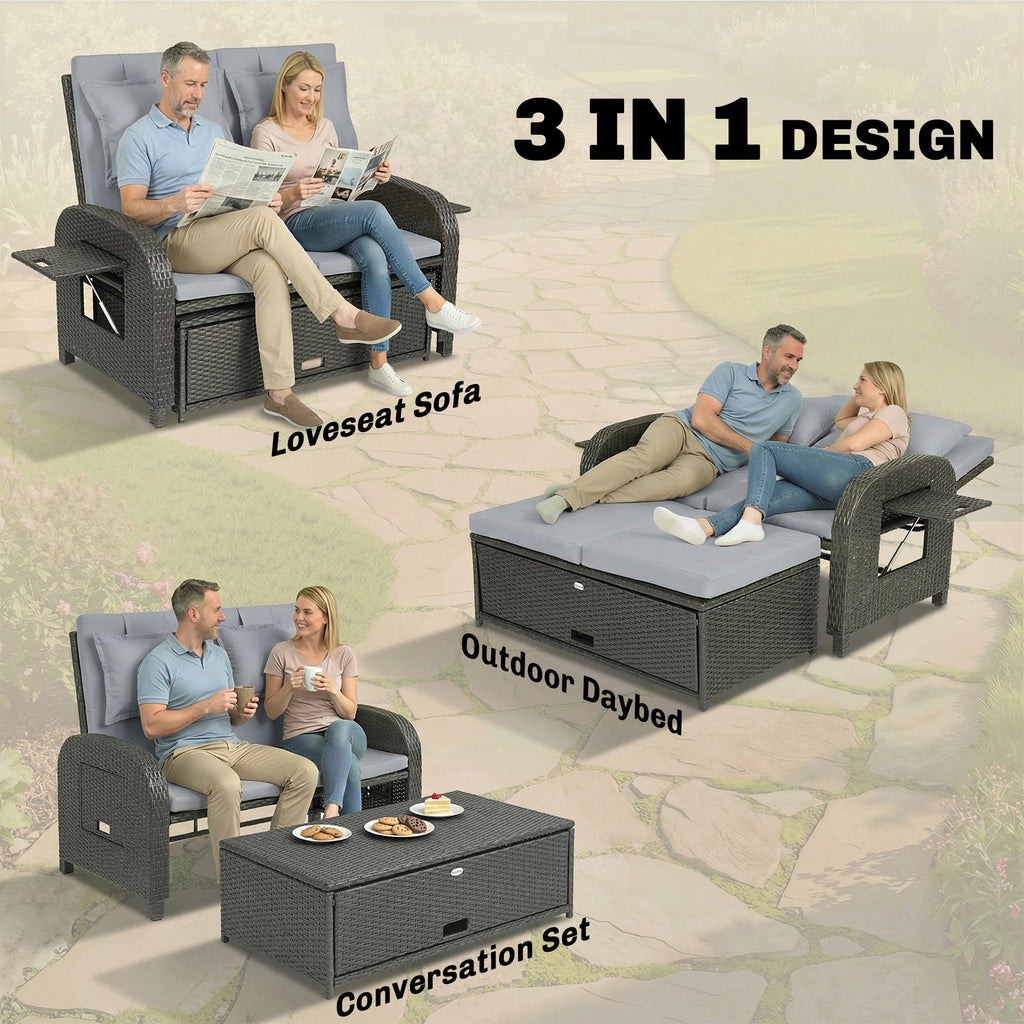 Rattan Patio Daybed with Storage Ottoman and Adjustable Backrest, Gray