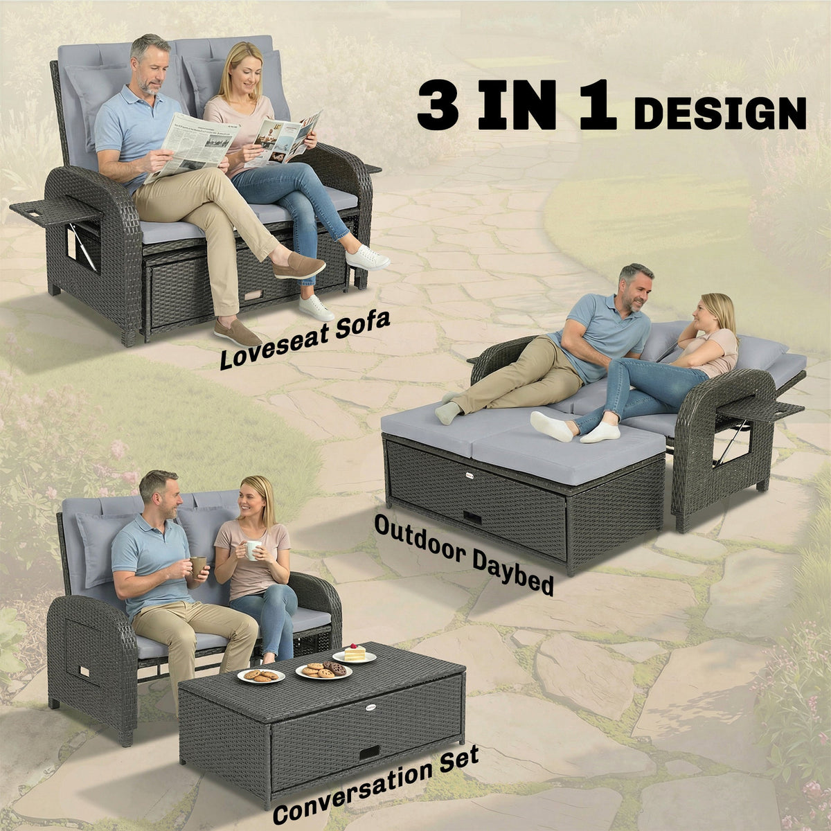 Rattan Patio Daybed with Storage Ottoman and Adjustable Backrest, Gray
