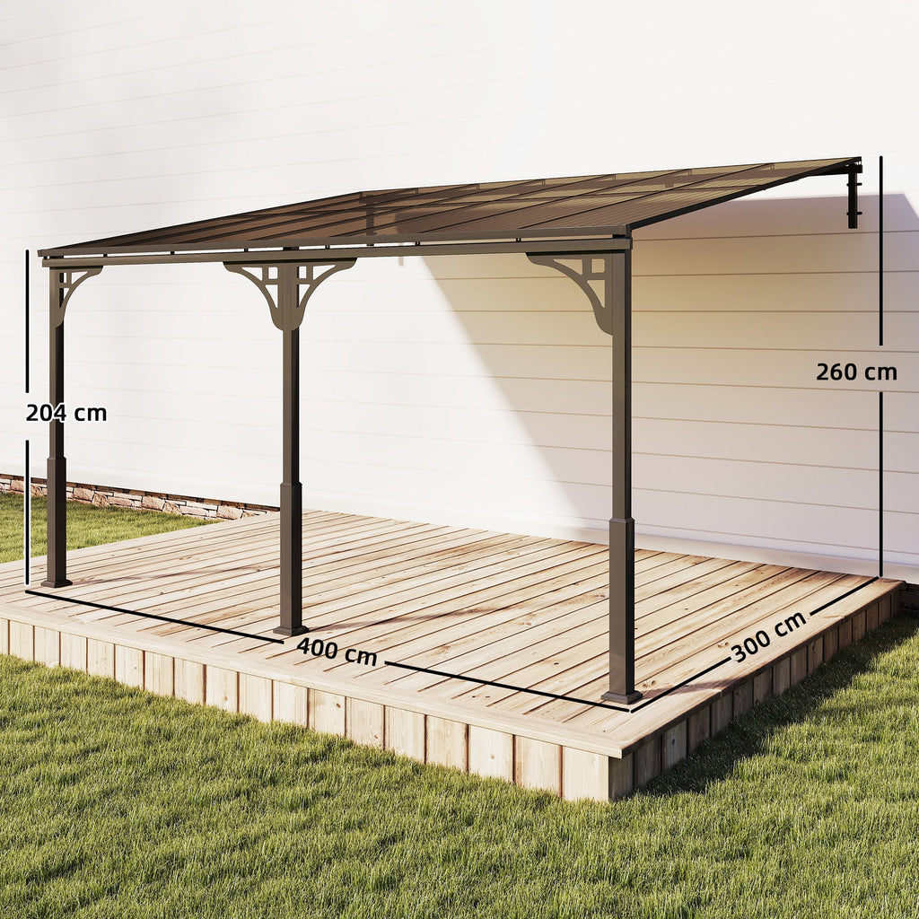 4 x 3 m Metal Lean-to Pergola with Polycarbonate Roof, Brown