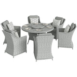 6 Seater Rattan Dining Set with Lazy Susan and Marble Effect Table, Grey