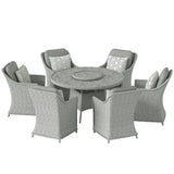 6 Seater Rattan Dining Set with Lazy Susan and Marble Effect Table, Grey