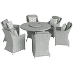 6 Seater Rattan Dining Set with Lazy Susan and Marble Effect Table, Grey