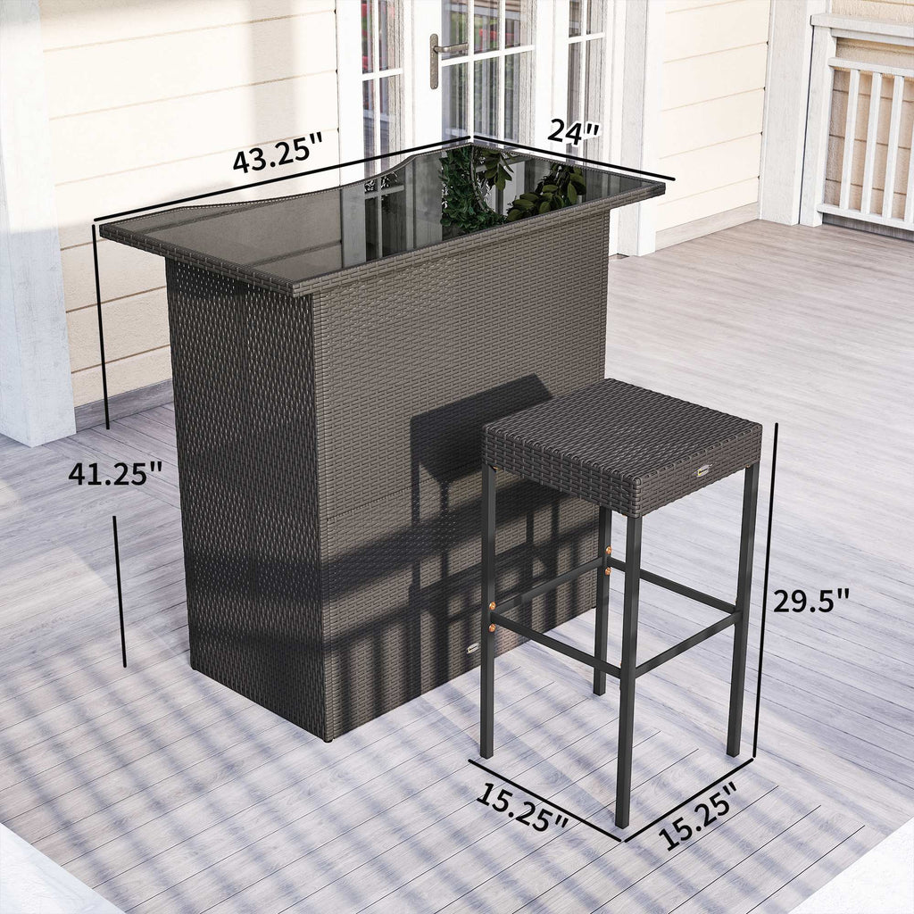 5 Piece Outdoor Wicker Bar Set with Glass Top Table and 4 Stools, Dark Brown