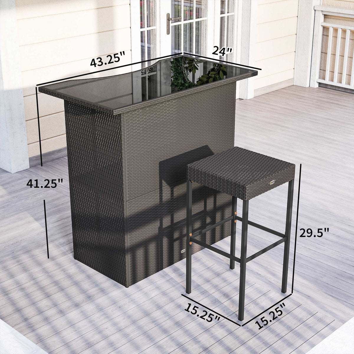 5 Piece Outdoor Wicker Bar Set with Glass Top Table and 4 Stools, Dark Brown