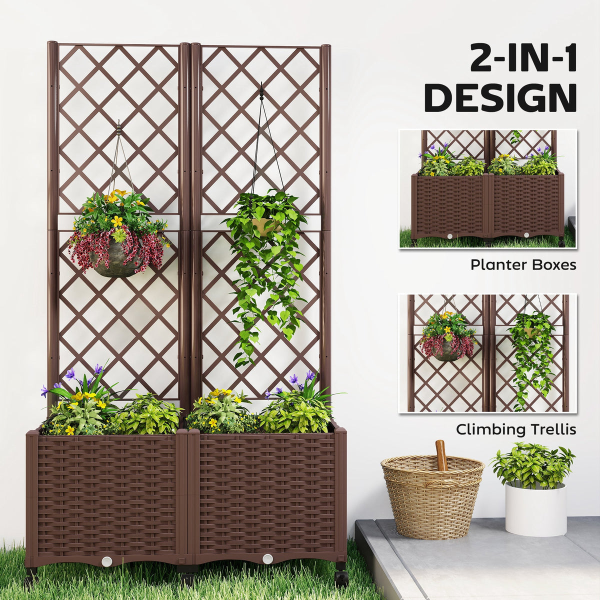 56.3" Self-Watering Planter Box with Trellis and Wheels, Brown