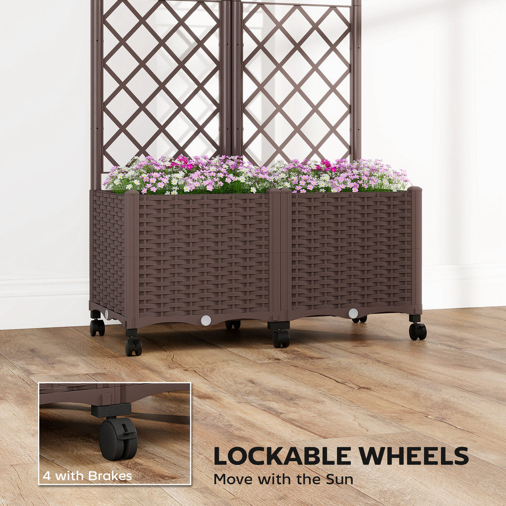 56.3" Self-Watering Planter Box with Trellis and Wheels, Brown