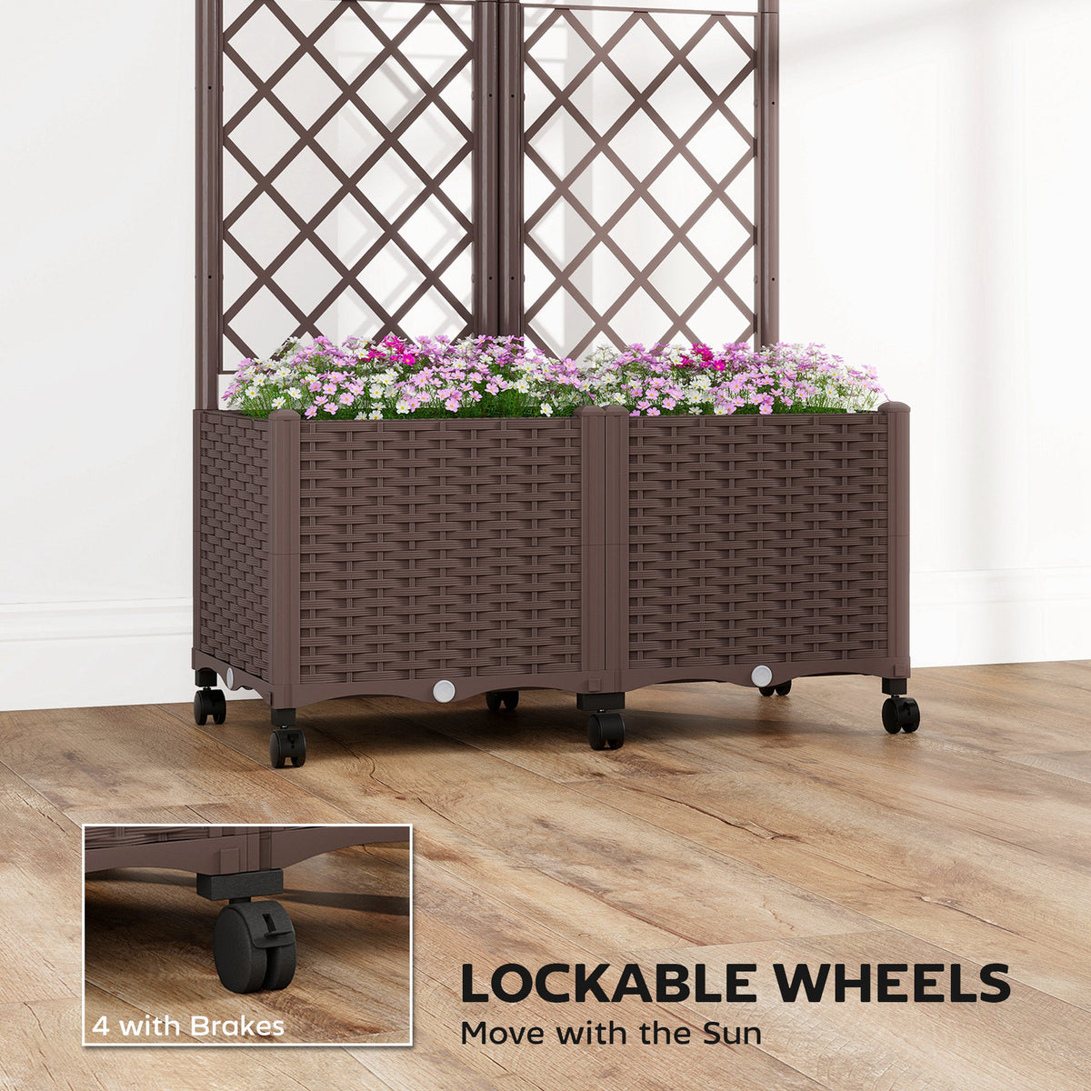 56.3" Self-Watering Planter Box with Trellis and Wheels, Brown