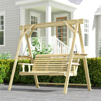 3 Seat Porch Swing with Stand and Side Tables, Natural Wood
