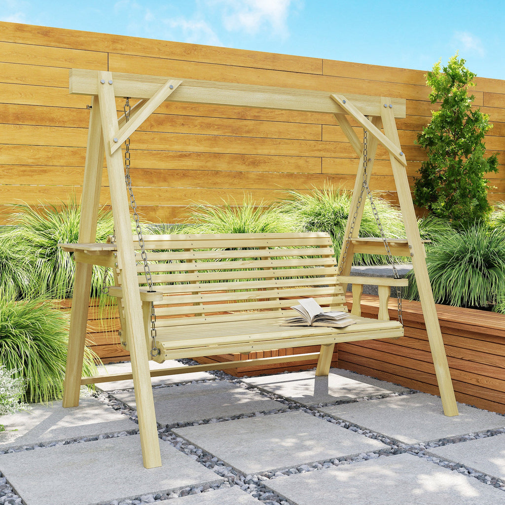 3 Seat Porch Swing with Stand and Side Tables, Natural Wood