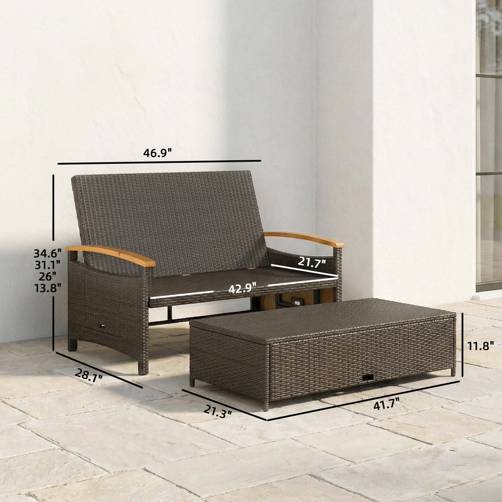 Rattan Daybed with Adjustable Backrest, Storage Ottoman, Beige