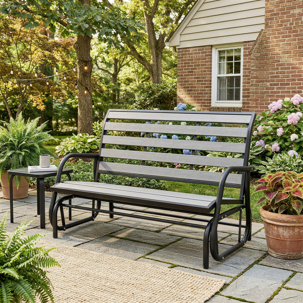 2-Person Outdoor Glider Bench with Faux Wood Slatted Seat and Steel Frame, Grey