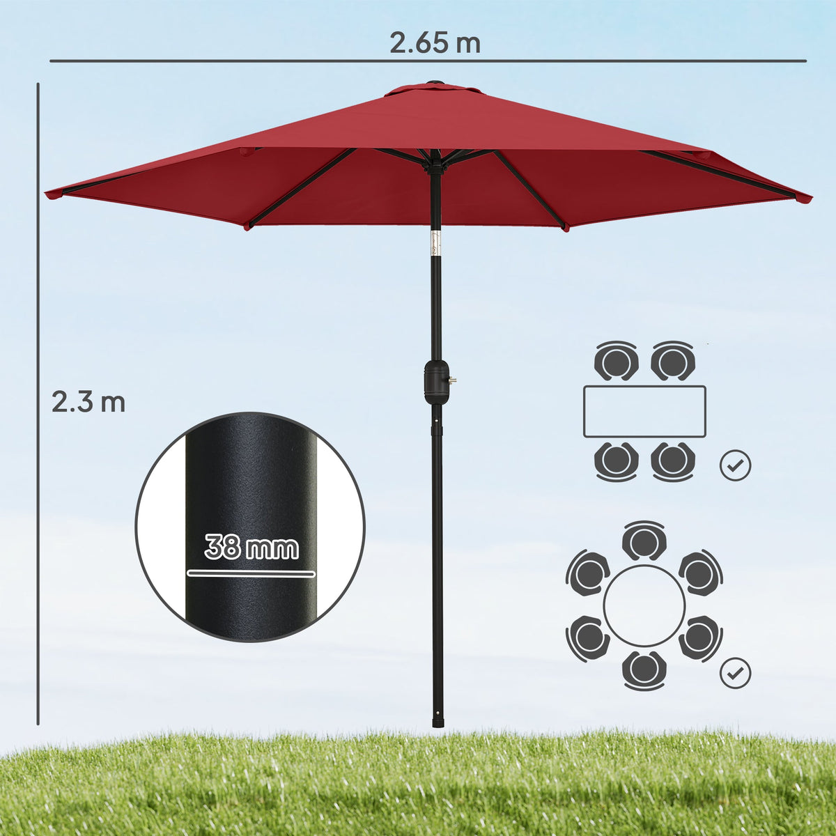 2.6 m Garden Parasol with Tilt, Crank, Vent & Aluminium Pole, Wine Red