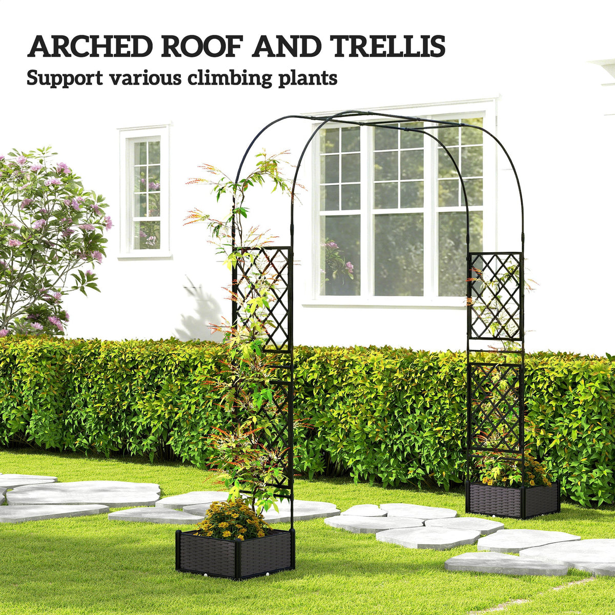 7.2ft Garden Arch with 2 Planter Boxes for Climbing Plants, Black