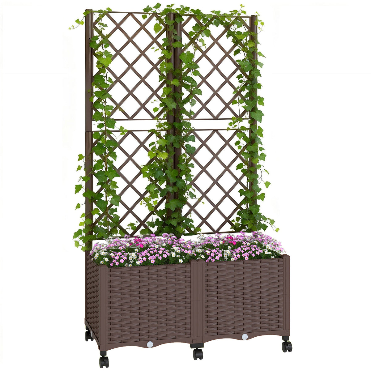 56.3" Self-Watering Planter Box with Trellis and Wheels, Brown