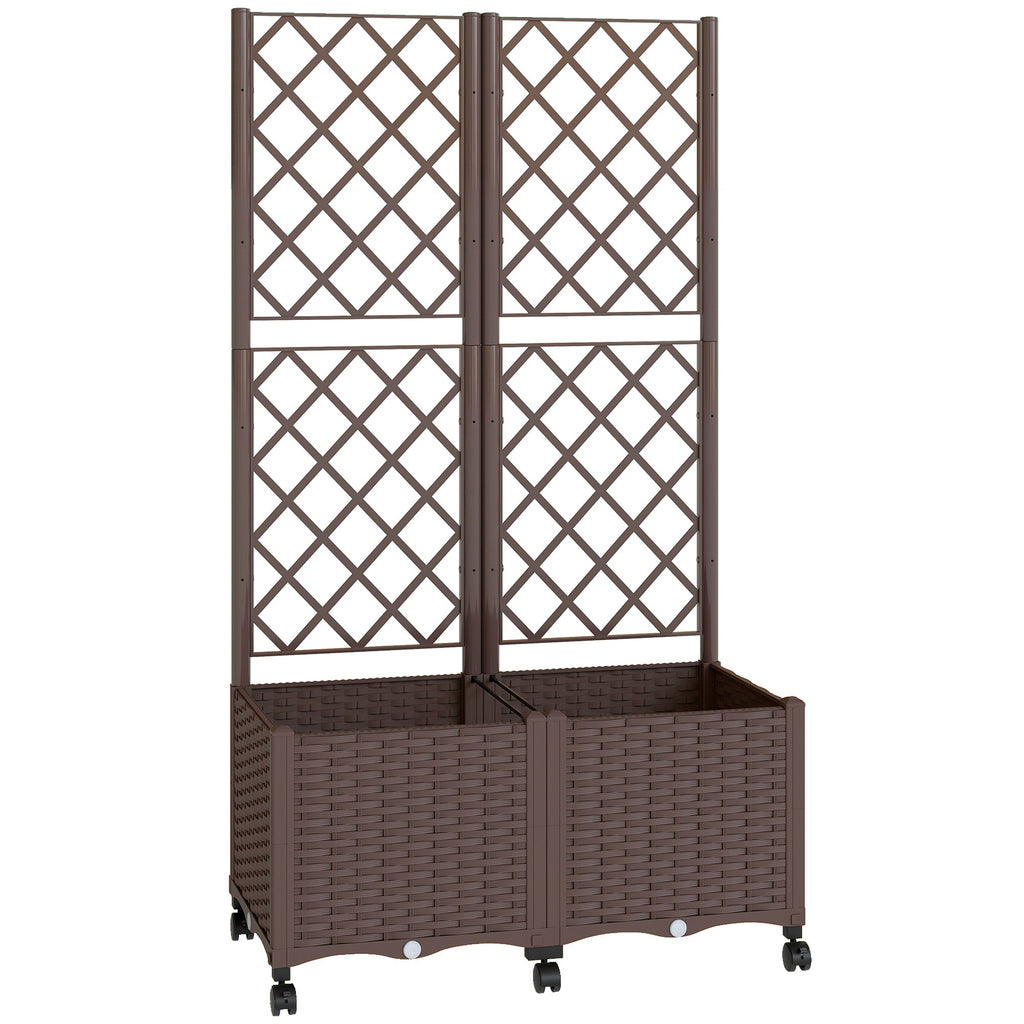 56.3" Self-Watering Planter Box with Trellis and Wheels, Brown