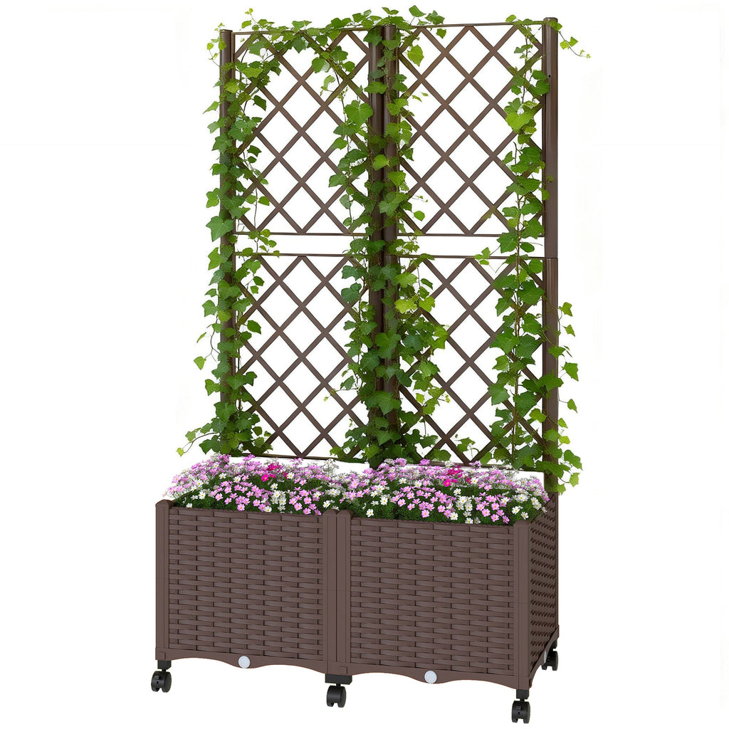 56.3" Self-Watering Planter Box with Trellis and Wheels, Brown