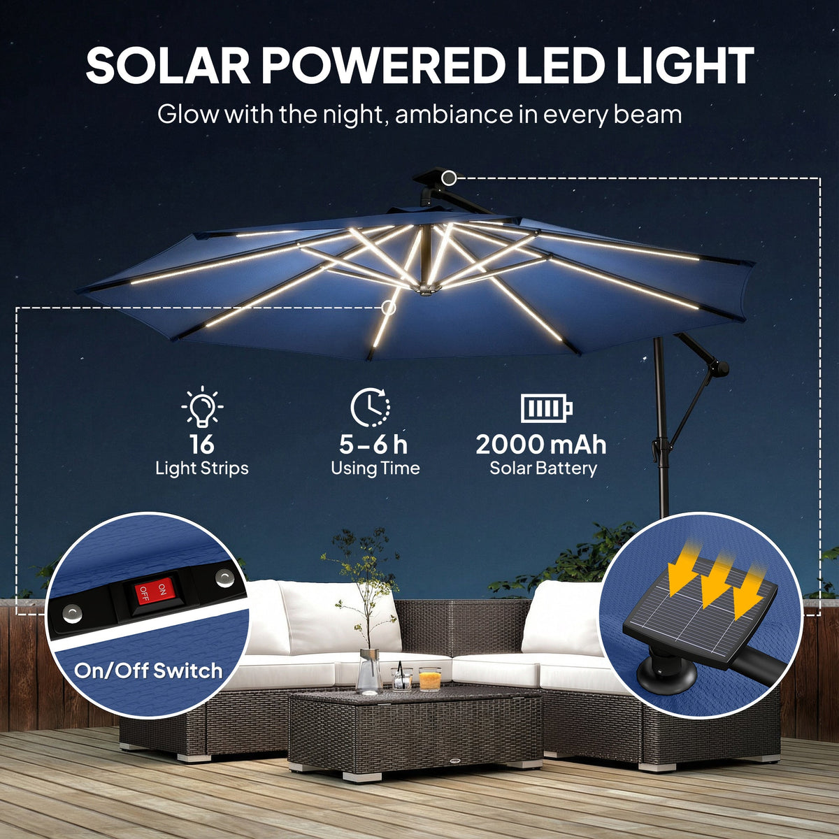 3 m Cantilever Parasol with Solar LED Light, Cover & 360° Rotation, Navy Blue