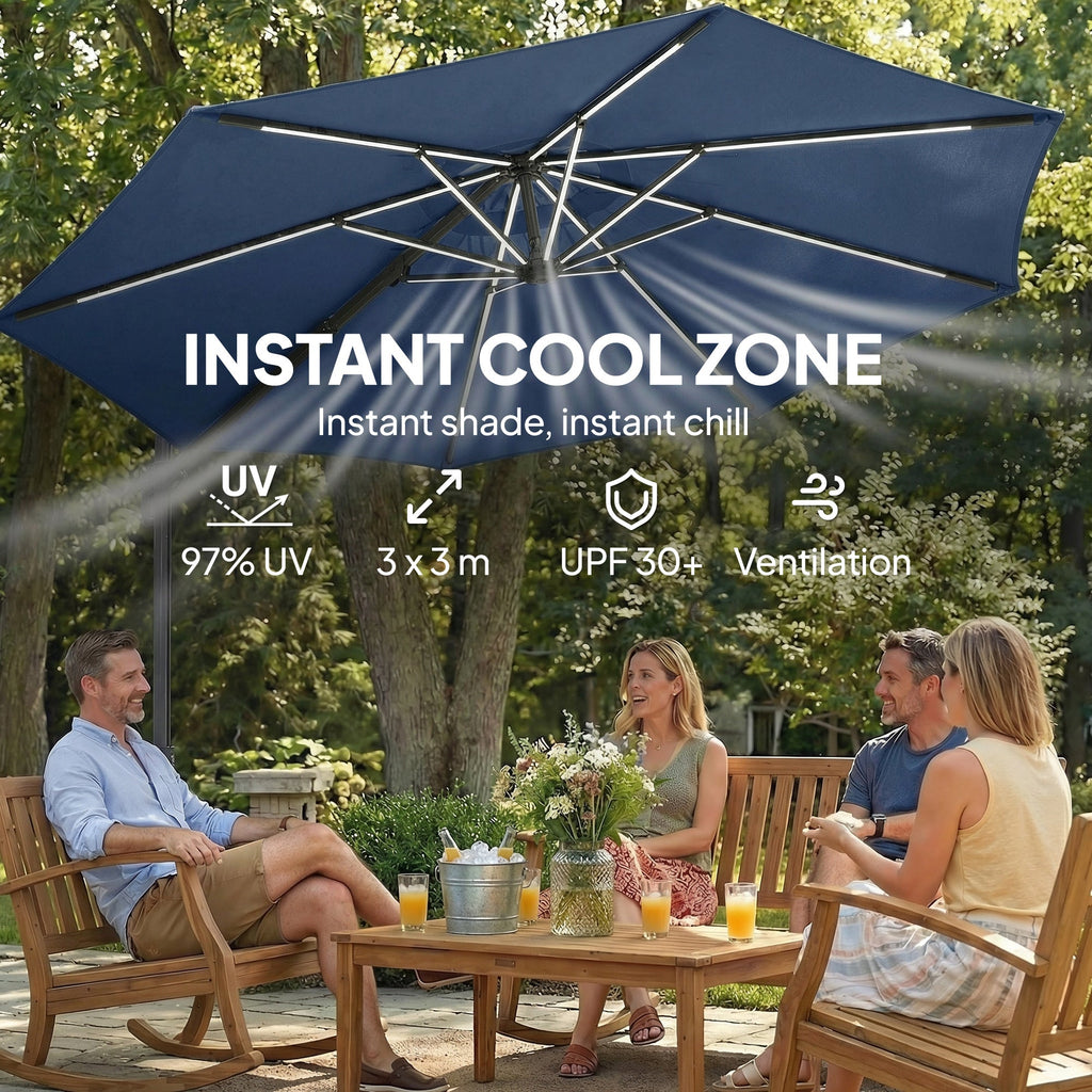 3 m Cantilever Parasol with Solar LED Light, Cover & 360° Rotation, Navy Blue