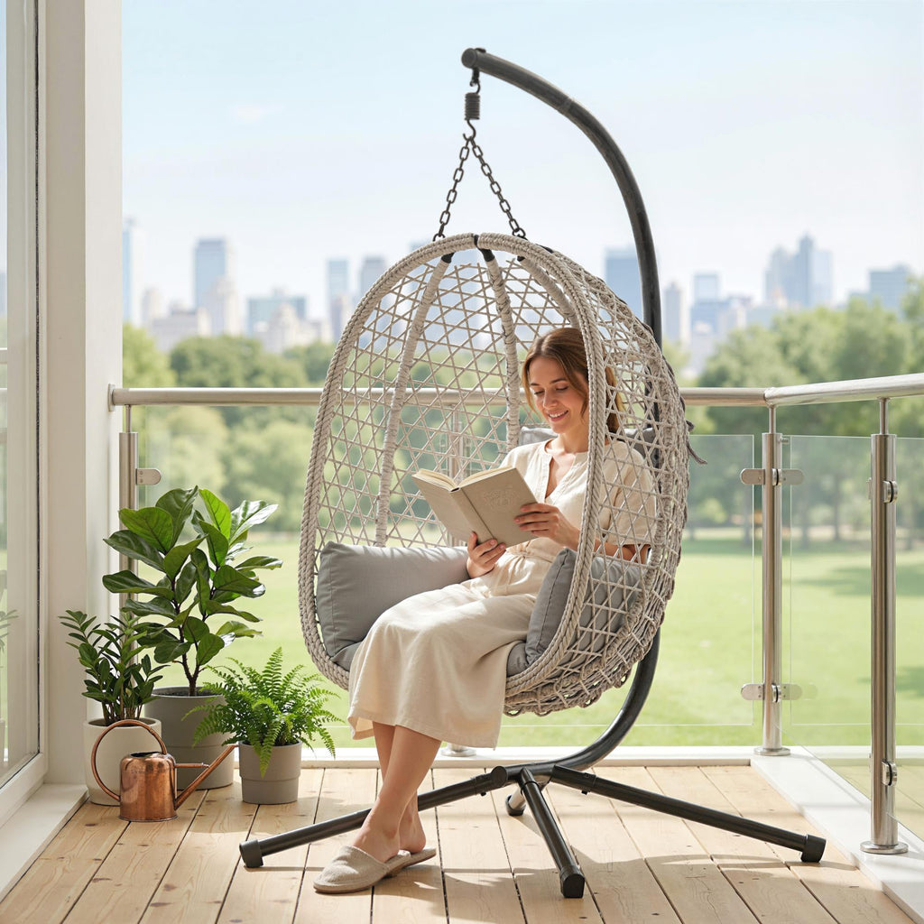 Hanging Egg Chair with Stand, Rattan Hammock, Thick Cushion, Light Grey