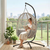 Hanging Egg Chair with Stand, Rattan Hammock, Thick Cushion, Light Grey