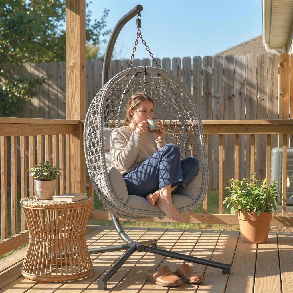 Hanging Egg Chair with Stand, Rattan Hammock, Thick Cushion, Light Grey
