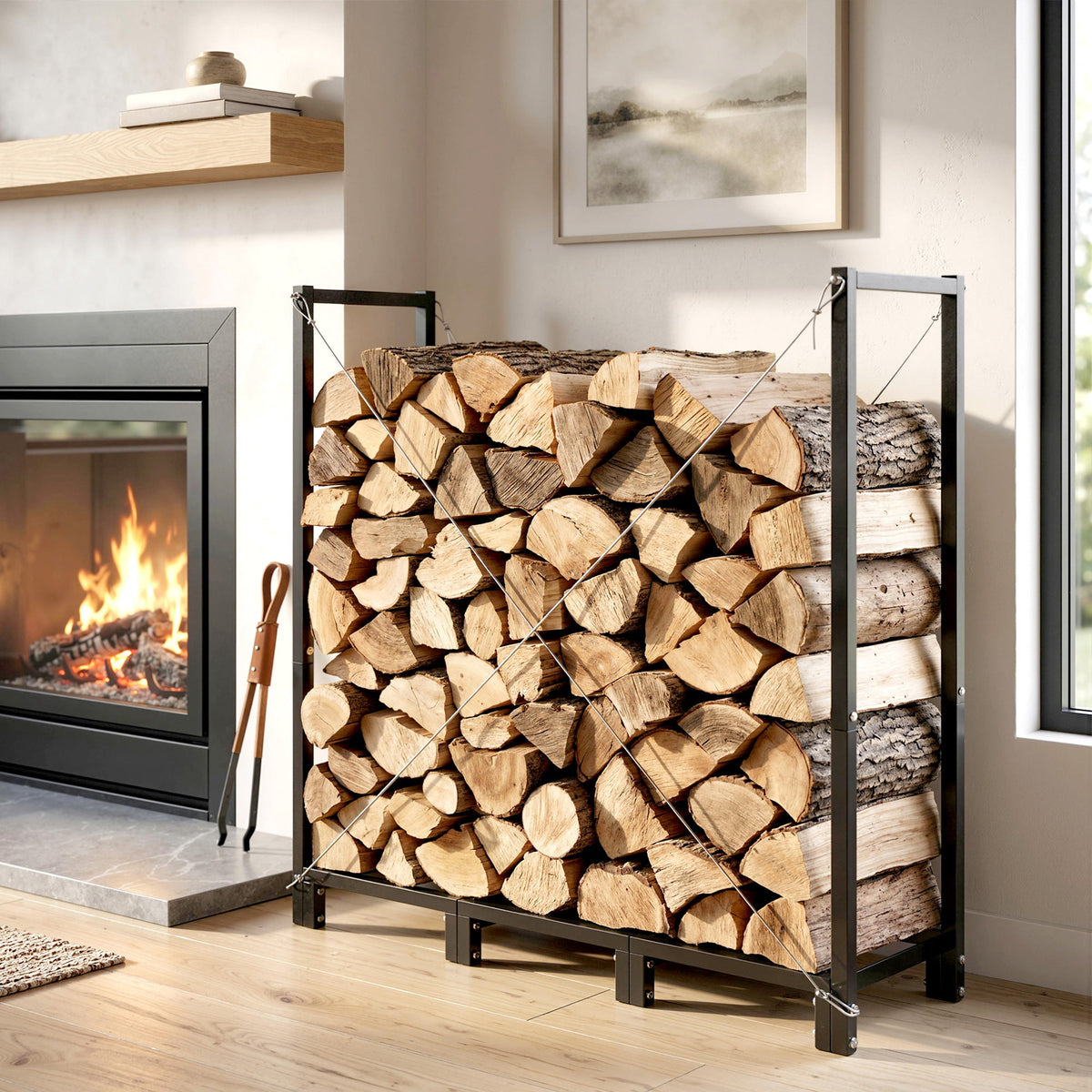 4 ft Firewood Rack with Customizable Width & Height, Cable Reinforcement, 616 lb Capacity, Black