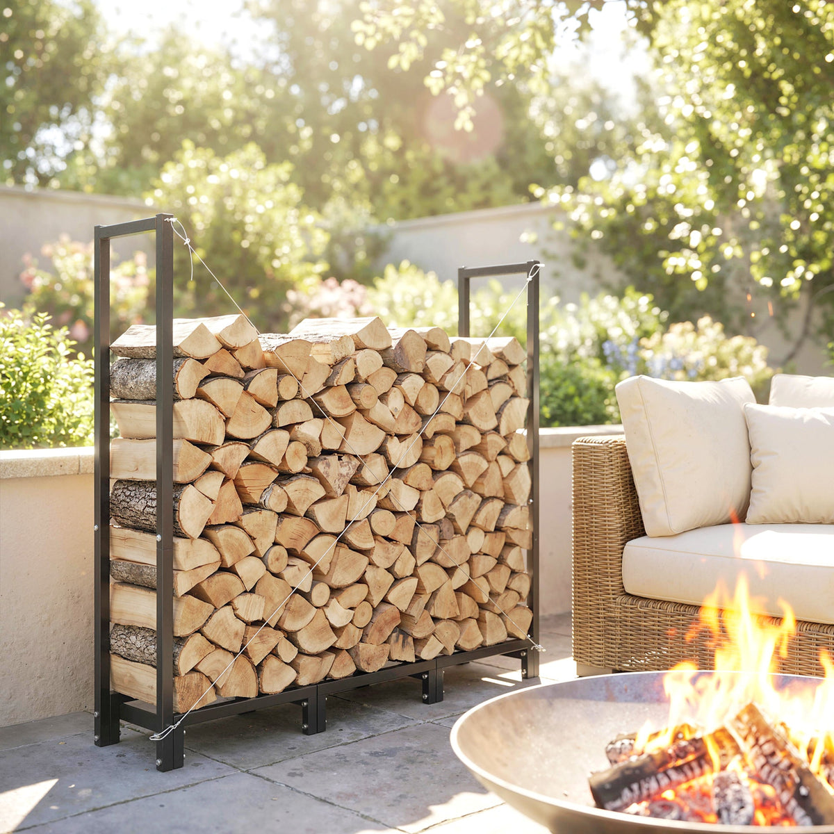 4 ft Firewood Rack with Customizable Width & Height, Cable Reinforcement, 616 lb Capacity, Black