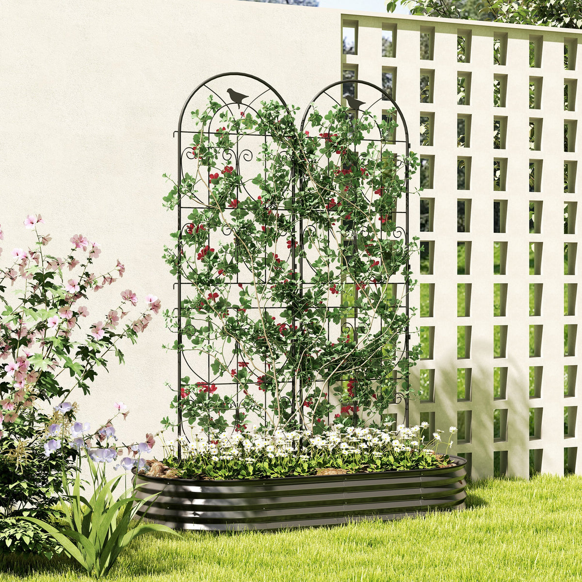 Set of 2 Metal Garden Trellis Panels, 180 x 50 cm, Bird Design