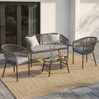 ARVOYA 4-Piece Rope Sofa Set with Loveseat, 2 Chairs & Tempered Glass Table, Dark Grey