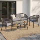 ARVOYA 4-Piece Rope Sofa Set with Loveseat, 2 Chairs & Tempered Glass Table, Dark Grey