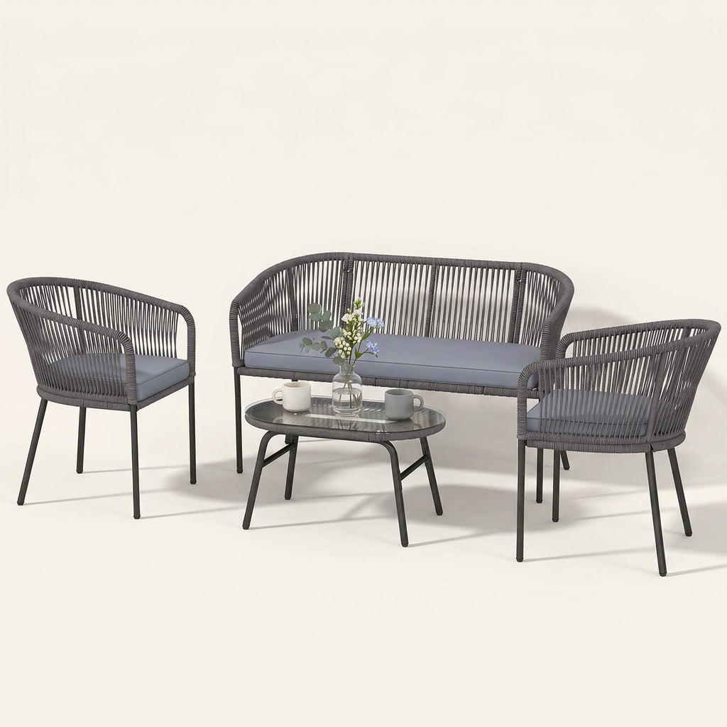 ARVOYA 4-Piece Rope Sofa Set with Loveseat, 2 Chairs & Tempered Glass Table, Dark Grey