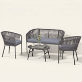 ARVOYA 4-Piece Rope Sofa Set with Loveseat, 2 Chairs & Tempered Glass Table, Dark Grey