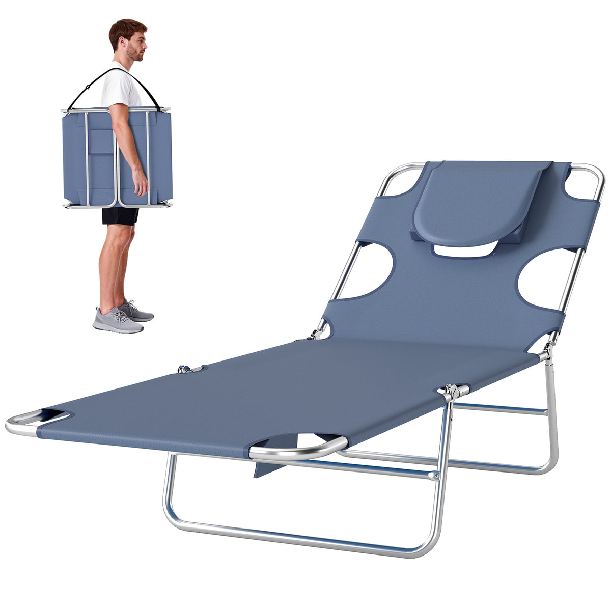 Folding Lounge Chair with Face Hole, Side Pocket and Strap, Grey