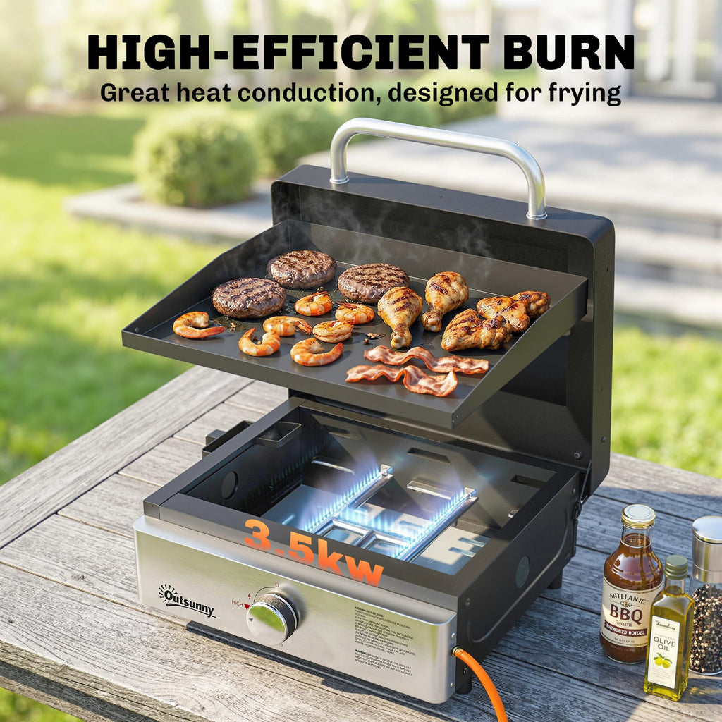 Portable Gas Plancha Grill 3.5 kW, Tabletop Griddle with Grease Cup, Black
