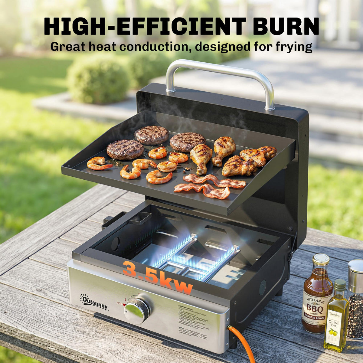 Portable Gas Plancha Grill 3.5 kW, Tabletop Griddle with Grease Cup, Black