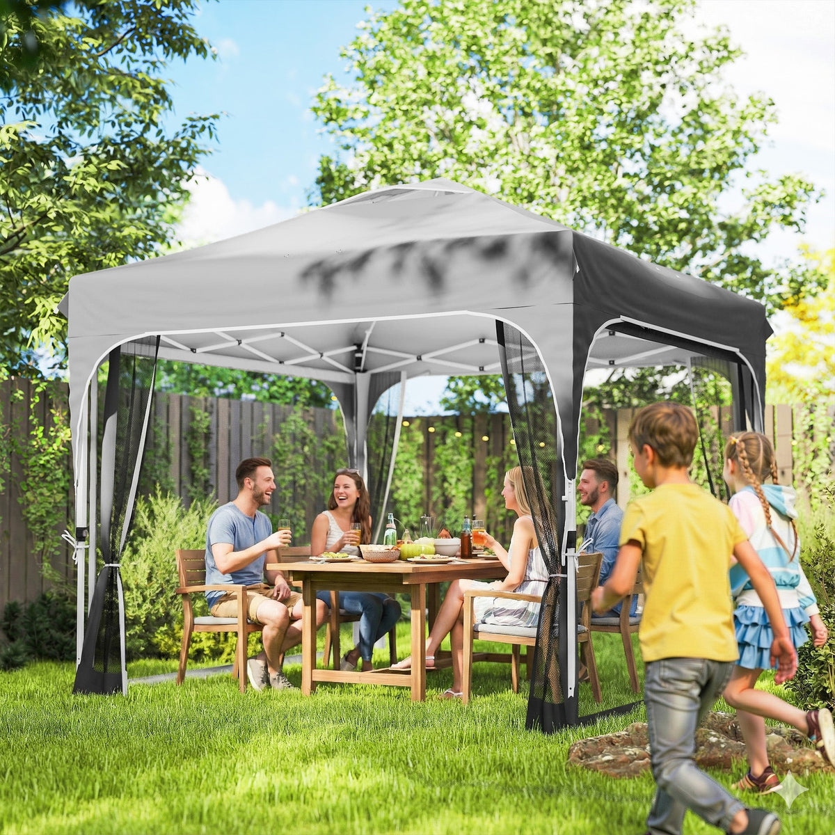10 x 10 ft Pop Up Canopy Tent with Mosquito Netting and Sandbags, Dark Grey