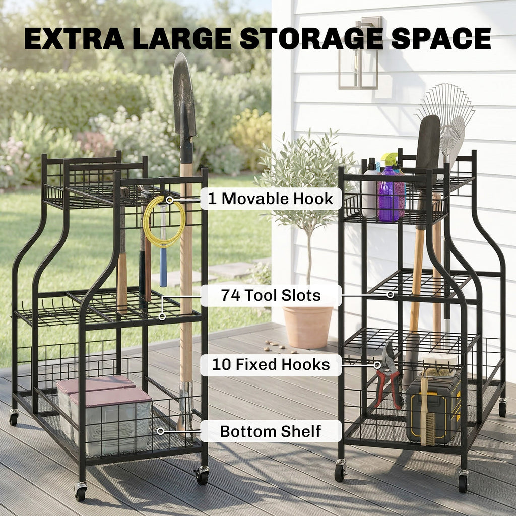 Garden Tool Organizer with 74 Slots, 4 Wheels and 11 Hooks, Black