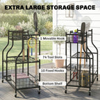 Garden Tool Organizer with 74 Slots, 4 Wheels and 11 Hooks, Black