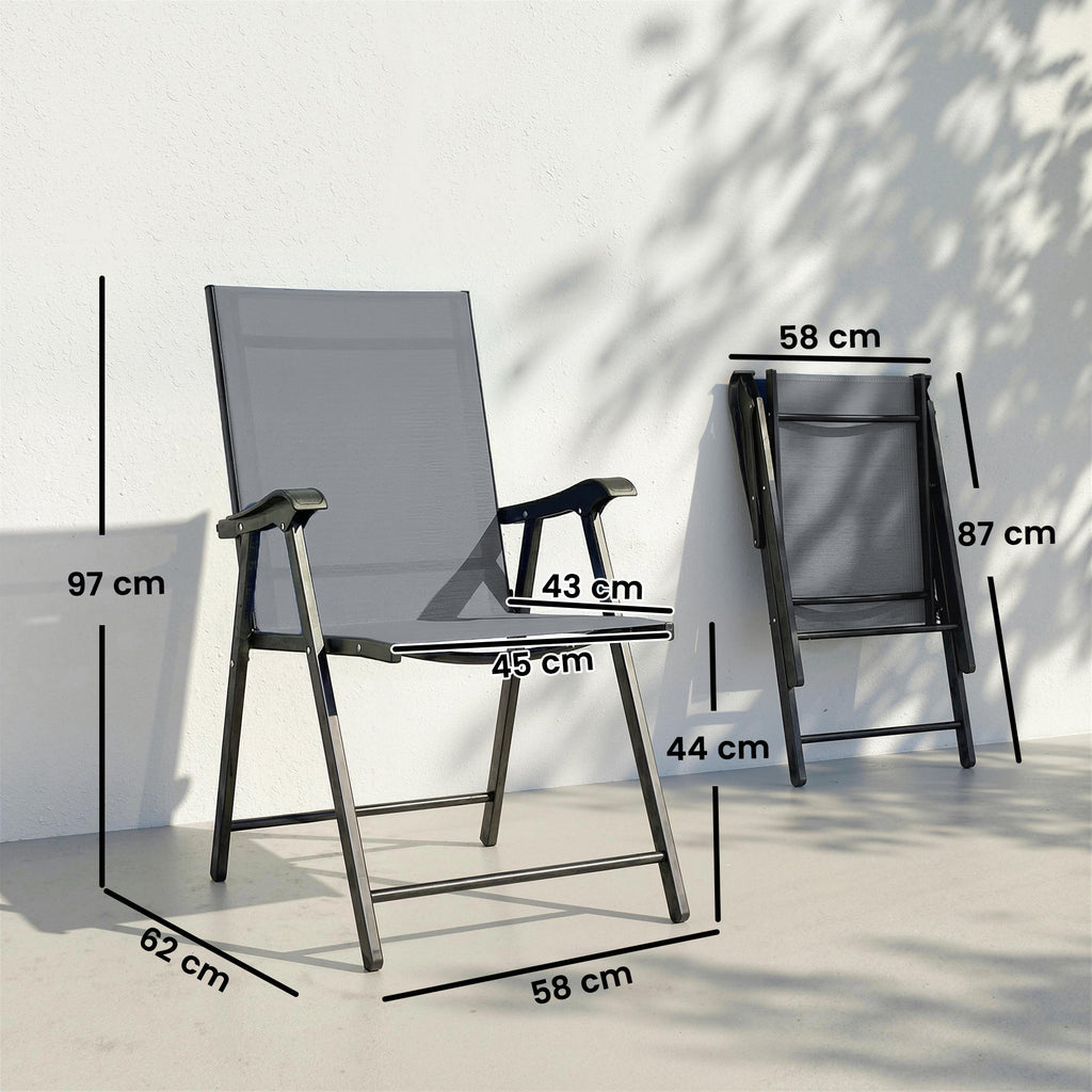 Set of 2 Folding Garden Chairs with High Back and Armrests, Light Grey