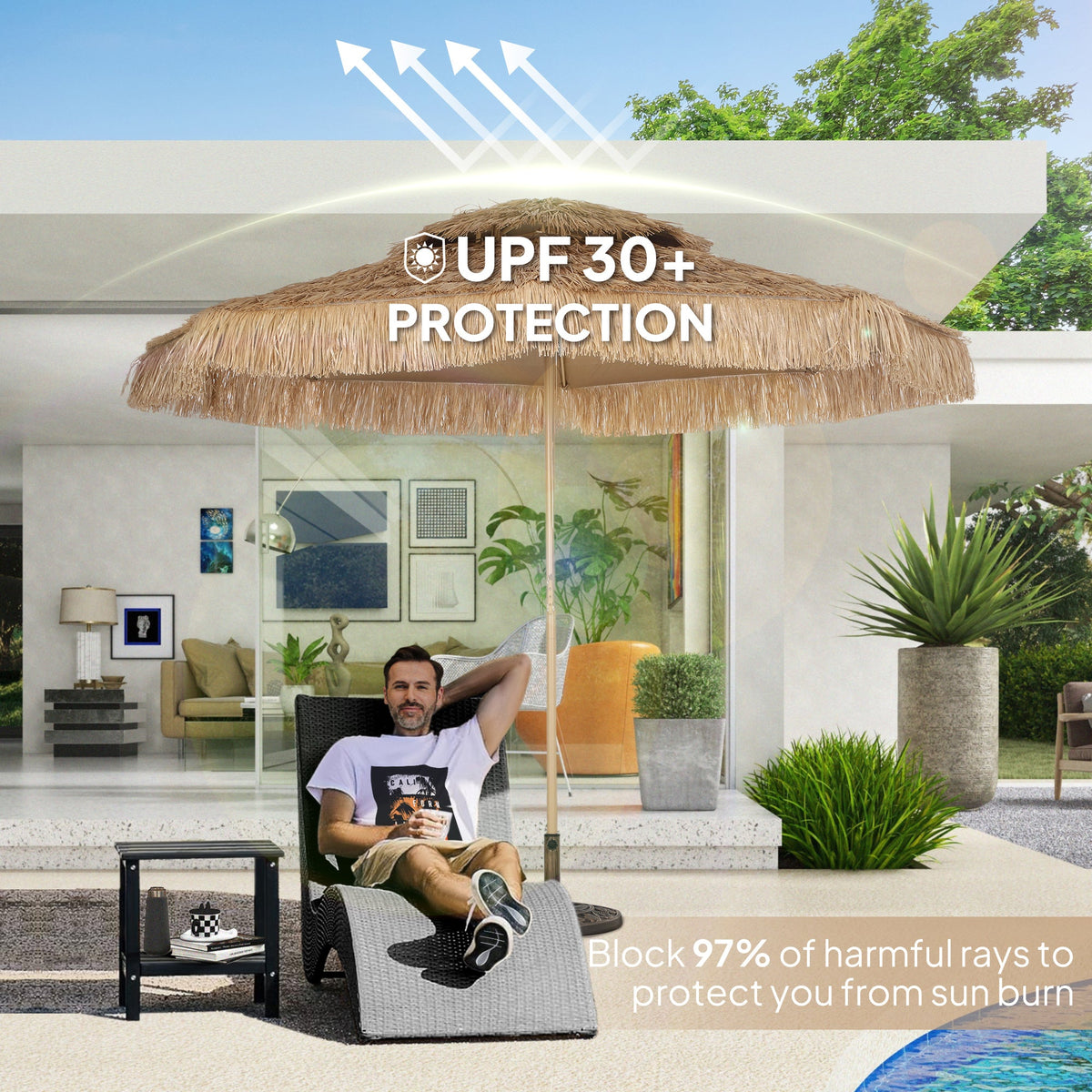 10FT Hula Thatched Tiki Patio Umbrella with 2-Tier Canopy, Natural