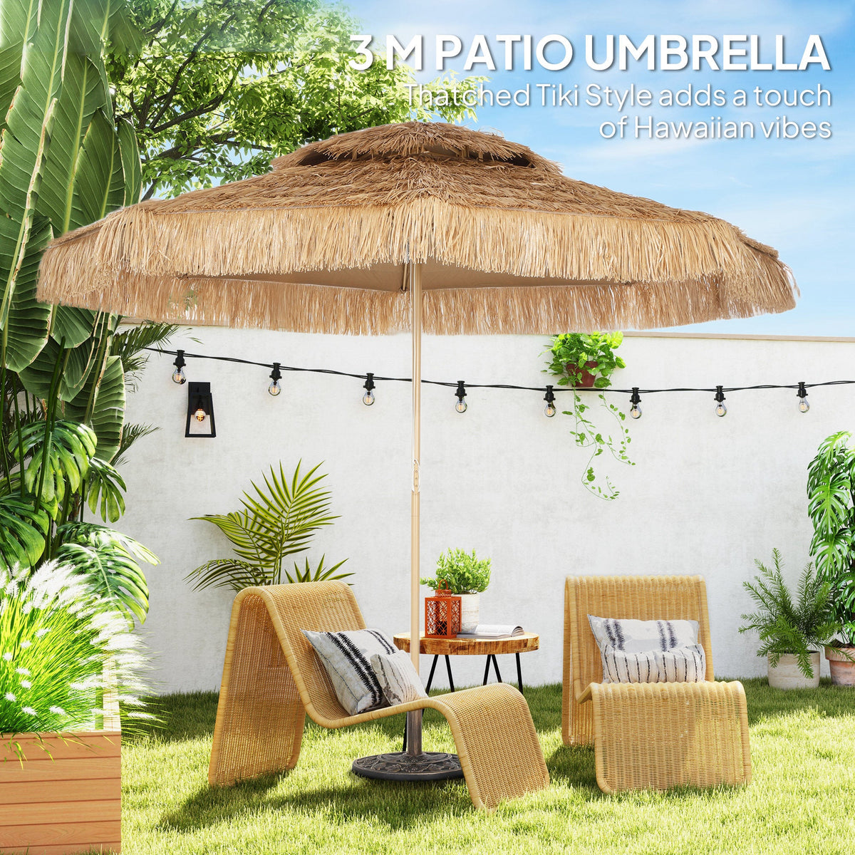 10FT Hula Thatched Tiki Patio Umbrella with 2-Tier Canopy, Natural