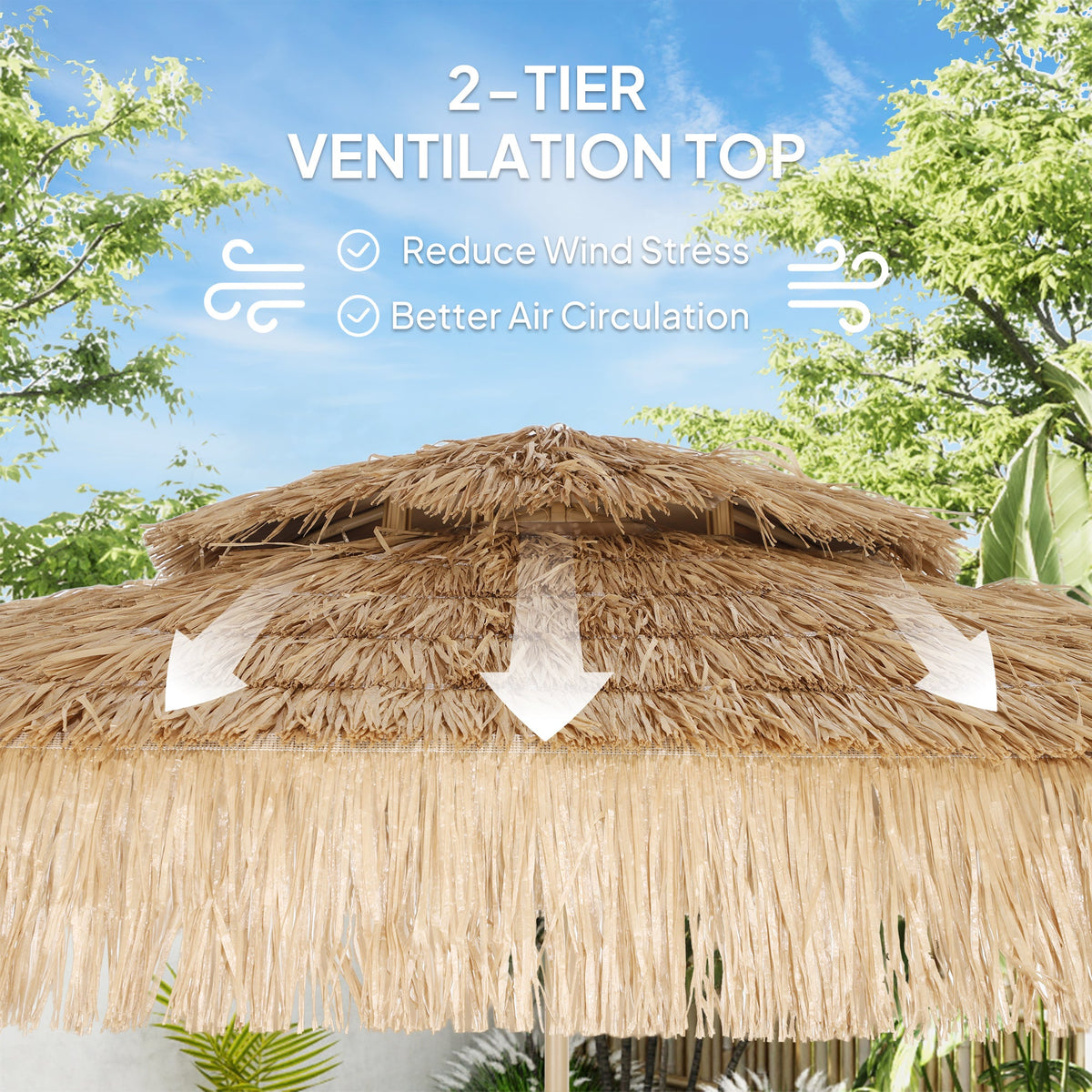 10FT Hula Thatched Tiki Patio Umbrella with 2-Tier Canopy, Natural