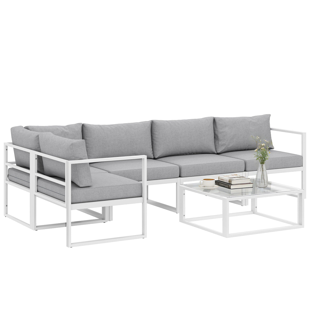 6 Seater Aluminium Garden Sofa Set with Coffee Table, Light Grey