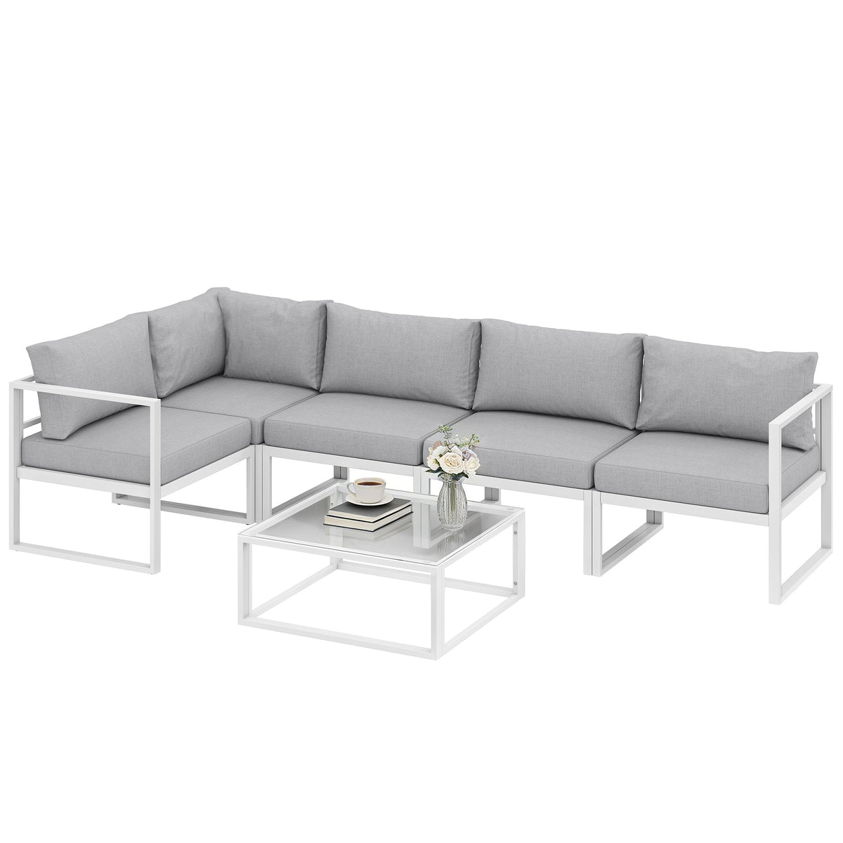 6 Seater Aluminium Garden Sofa Set with Coffee Table, Light Grey