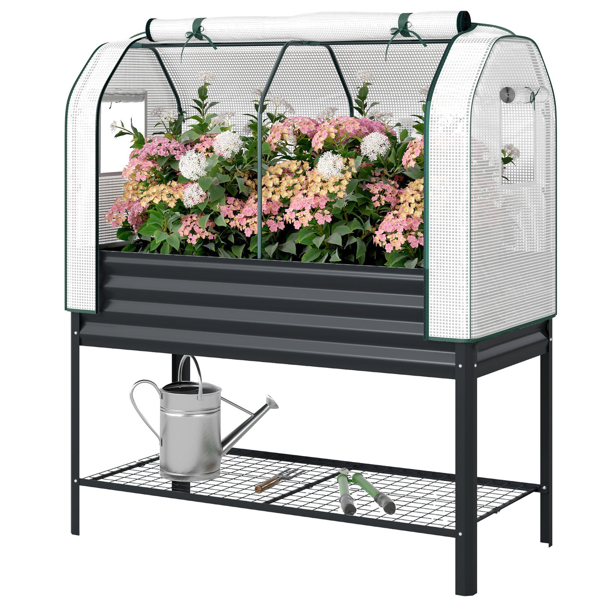 Galvanized Raised Garden Bed with Greenhouse Cover, Black
