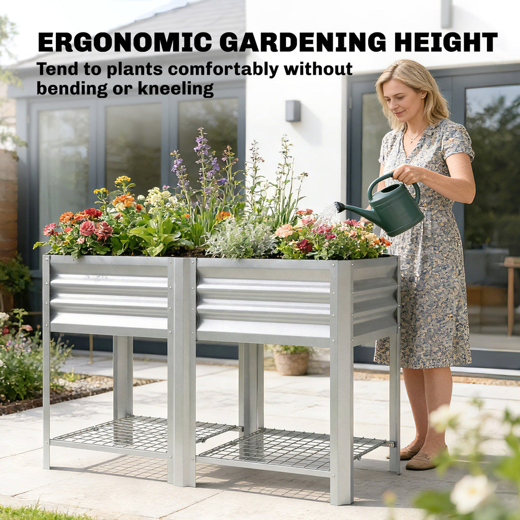 Galvanized Steel Raised Garden Bed with Legs and Storage Shelf, Silver
