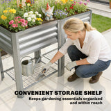 Galvanized Steel Raised Garden Bed with Legs and Storage Shelf, Silver
